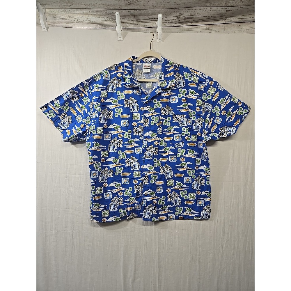 Vintage Disney Store Men's XL Surfing Mickey Mouse Donald Duck Camp Shirt Button